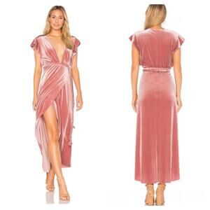 MISA Los Angeles Carolina Pink Crushed Velvet Ruffle Wrap Maxi Dress Small